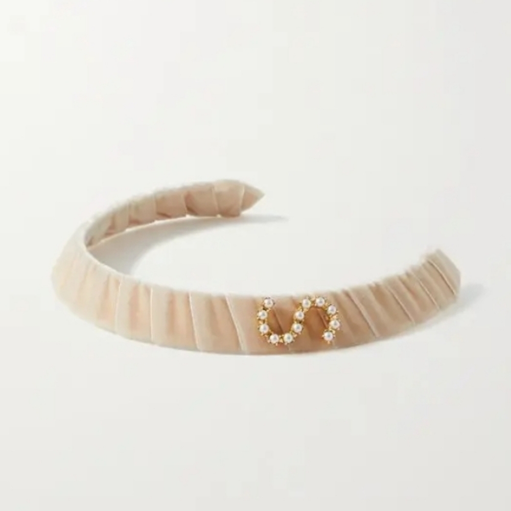 LELET NY Faux pearl-embellished gold-tone and velvet monogram headband - Picture 5 of 6